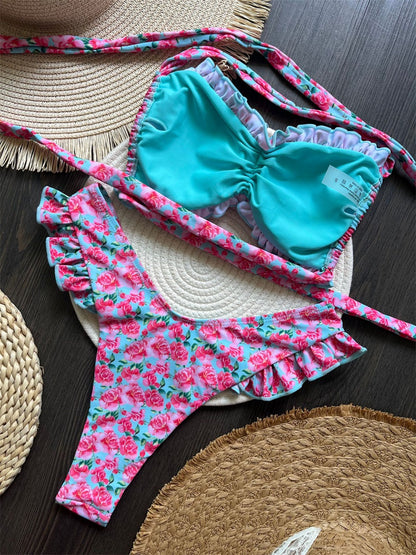 Beaira Stylish Women s Tropical Print Bikini Set with Adjustable Tie Back and Halter Neck Chic Two Piece Swimsuit for Summer Beachwear