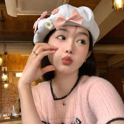 Beaira Women's Beret With Bow Flower - Japanese Cute Versatile Painter Hat, Slimming For Large Head, Dopamine Fashion Cap Gift For Her