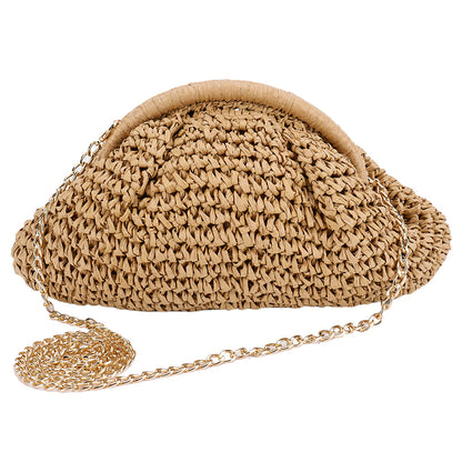 Beaira Women Straw Woven Bag Chain Strap Straw Clutch Purse Large Capacity Stylish Crossbody Bag Solid Color for Summer Beach