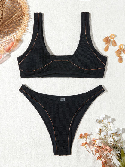 Beaira New Women Ribbed Bikini Sets Sporty Swimsuits Tank Tops Push Up Bra Scoop Neck Two Piece Bathing Suits High Cut Bikini Swimwear