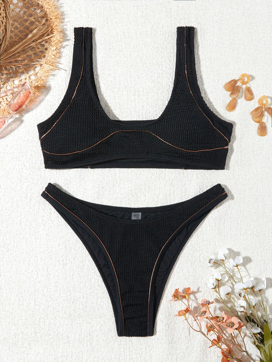 Beaira New Women Ribbed Bikini Sets Sporty Swimsuits Tank Tops Push Up Bra Scoop Neck Two Piece Bathing Suits High Cut Bikini Swimwear