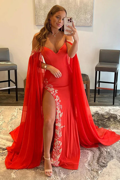Sheath Off the Shoulder Long Polyester Prom Dress with Slit