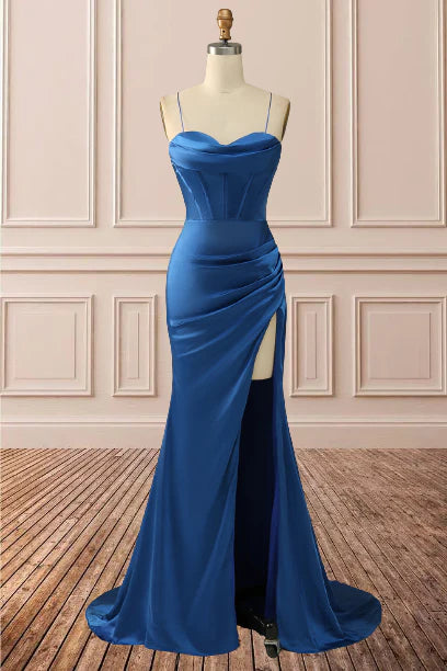 Sheath Satin Spaghetti Straps Cowl Neck Ruched Long Prom Dress With Silt