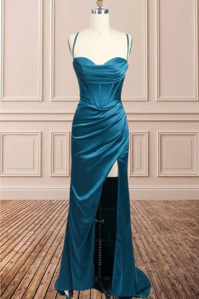 Sheath Satin Spaghetti Straps Cowl Neck Ruched Long Prom Dress With Silt