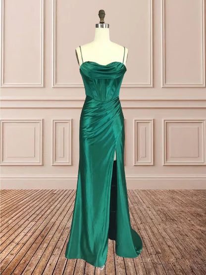 Sheath Satin Spaghetti Straps Cowl Neck Ruched Long Prom Dress With Silt