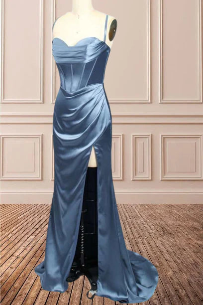 Sheath Satin Spaghetti Straps Cowl Neck Ruched Long Prom Dress With Silt