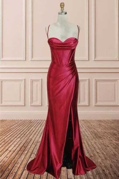Sheath Satin Spaghetti Straps Cowl Neck Ruched Long Prom Dress With Silt