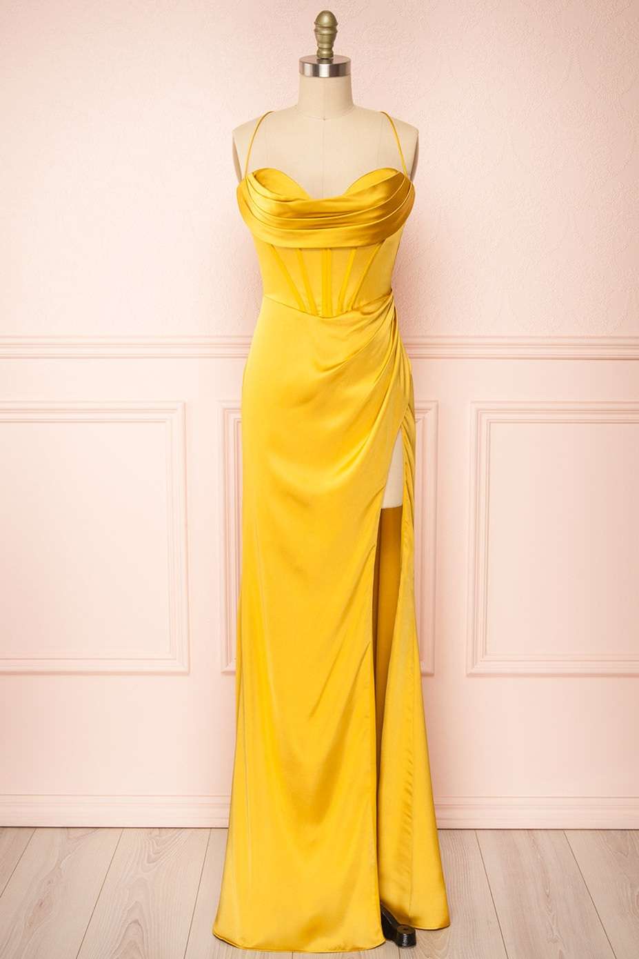 Sheath Satin Spaghetti Straps Cowl Neck Ruched Long Prom Dress With Silt