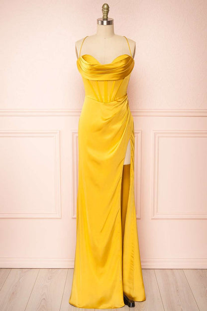 Sheath Satin Spaghetti Straps Cowl Neck Ruched Long Prom Dress With Silt