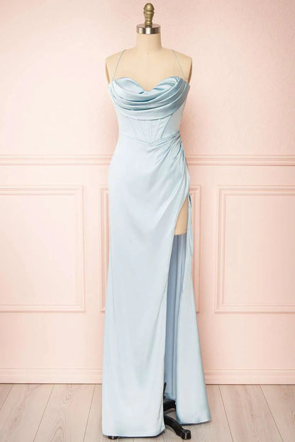 Sheath Satin Spaghetti Straps Cowl Neck Ruched Long Prom Dress With Silt