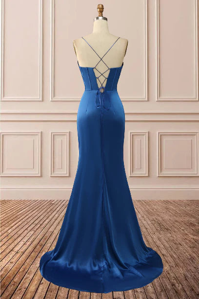 Sheath Satin Spaghetti Straps Cowl Neck Ruched Long Prom Dress With Silt