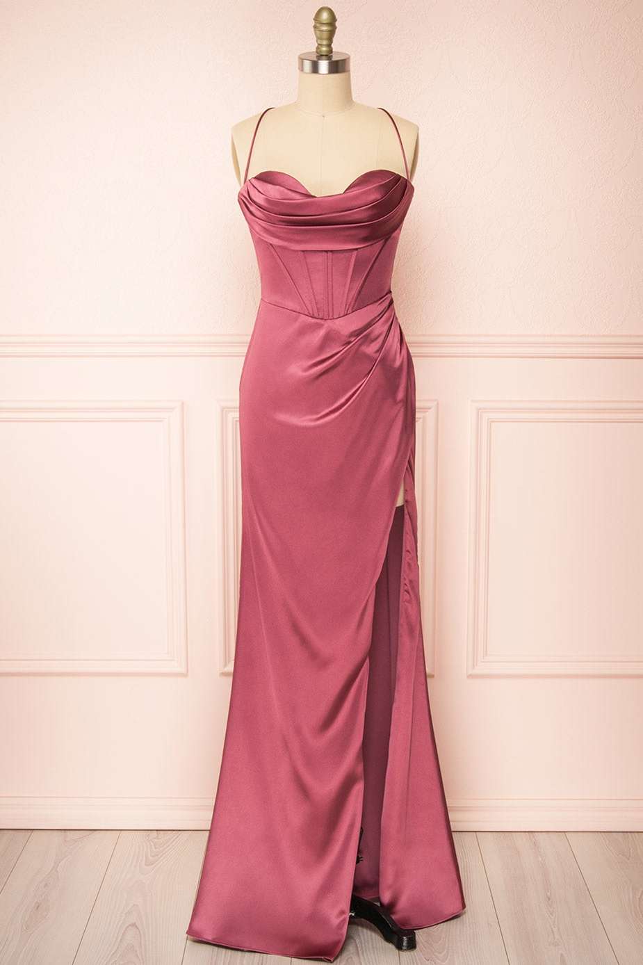 Sheath Satin Spaghetti Straps Cowl Neck Ruched Long Prom Dress With Silt