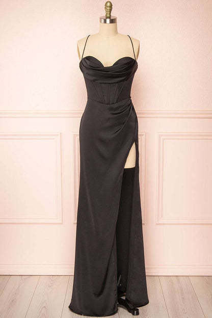 Sheath Satin Spaghetti Straps Cowl Neck Ruched Long Prom Dress With Silt