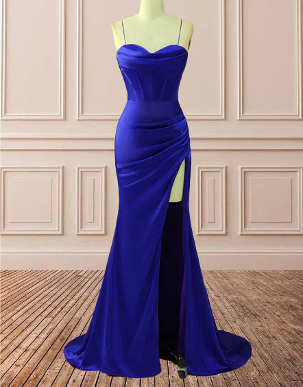 Sheath Satin Spaghetti Straps Cowl Neck Ruched Long Prom Dress With Silt