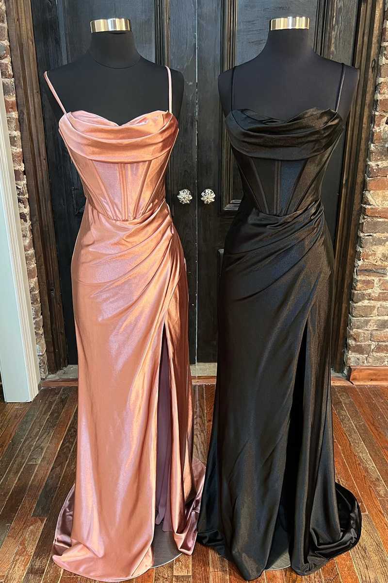 Sheath Satin Spaghetti Straps Cowl Neck Ruched Long Prom Dress With Silt