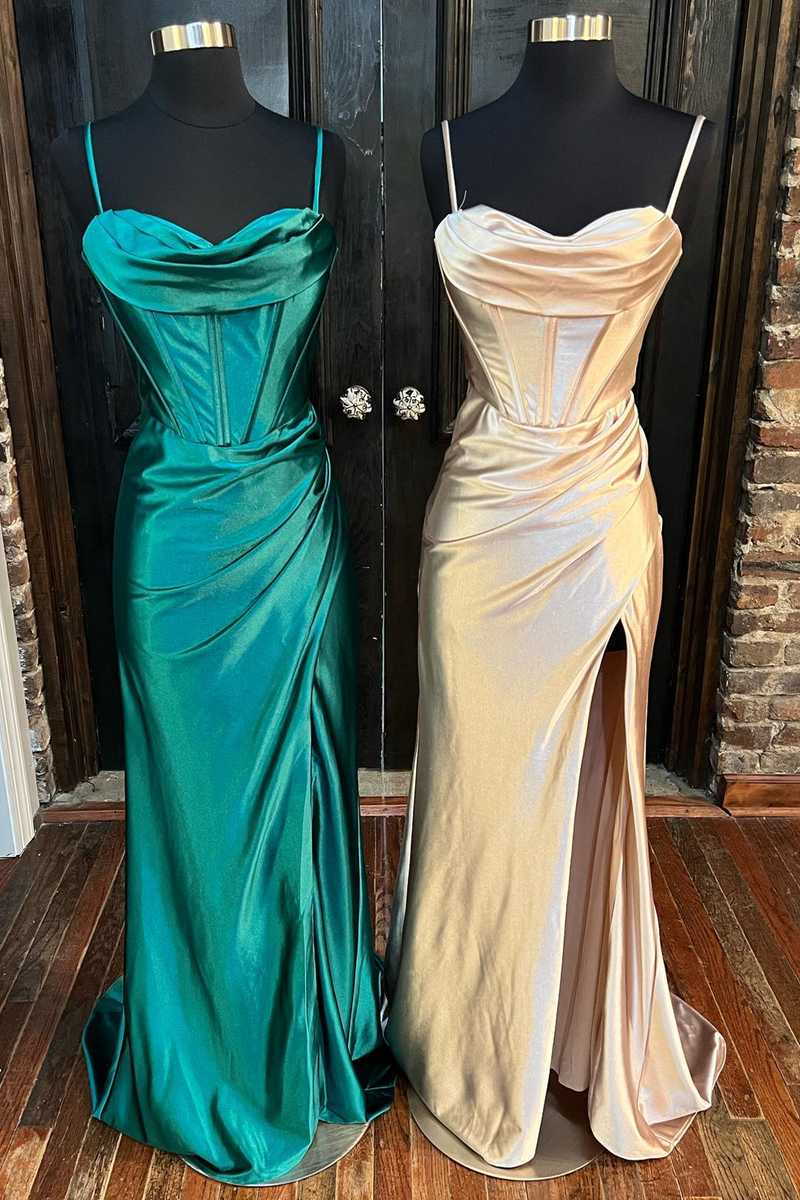 Sheath Satin Spaghetti Straps Cowl Neck Ruched Long Prom Dress With Silt