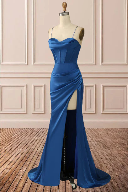 Sheath Satin Spaghetti Straps Cowl Neck Ruched Long Prom Dress With Silt