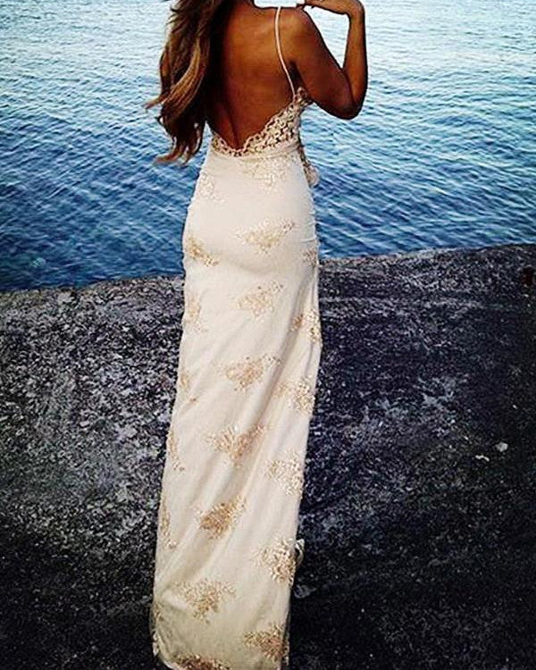 Sheath Spaghetti Straps V Neck Split Backless Lace Appliques Sexy Prom Dresses