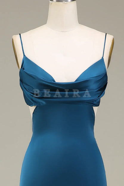 Beaira Sheath Peacock Spaghetti Straps Long Satin Bridesmaid Dress Bridesmaid dress shop
