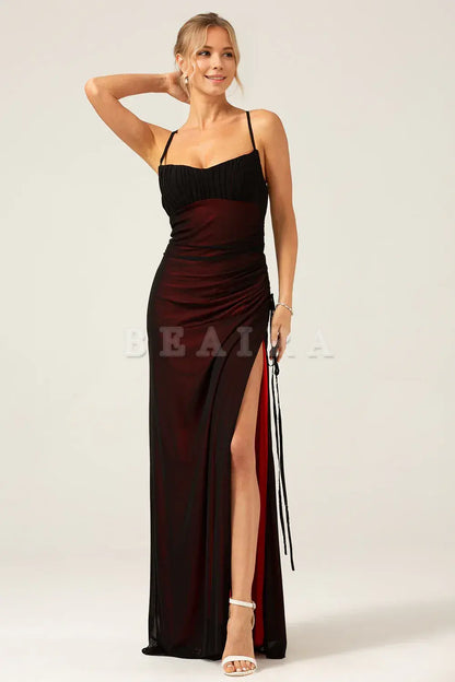 Beaira Sheath Spaghetti Straps Maxi Black Red Bridesmaid Dress With Slit Bridesmaid dress shop