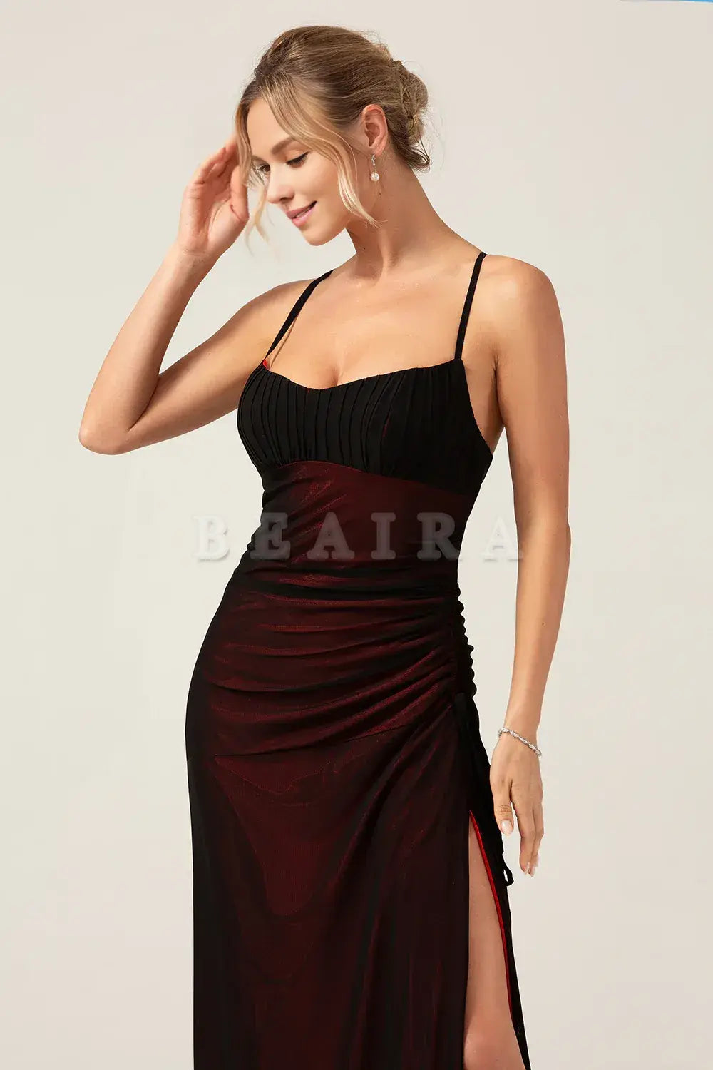 Beaira Sheath Spaghetti Straps Maxi Black Red Bridesmaid Dress With Slit Bridesmaid dress shop