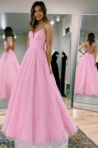 A Line V Neck Backless Pink Long Prom Dress Open Back Pink Formal Evening Dress