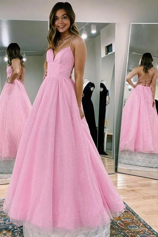 A Line V Neck Backless Pink Long Prom Dress Open Back Pink Formal Evening Dress