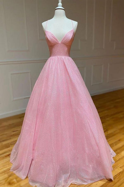 A Line V Neck Backless Pink Long Prom Dress Open Back Pink Formal Evening Dress