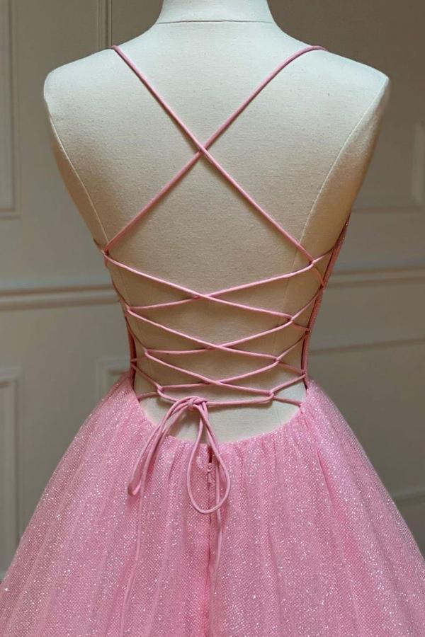 A Line V Neck Backless Pink Long Prom Dress Open Back Pink Formal Evening Dress