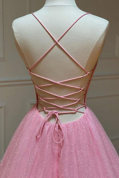A Line V Neck Backless Pink Long Prom Dress Open Back Pink Formal Evening Dress