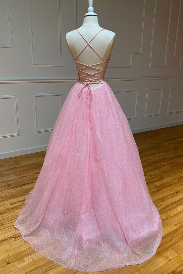 A Line V Neck Backless Pink Long Prom Dress Open Back Pink Formal Evening Dress