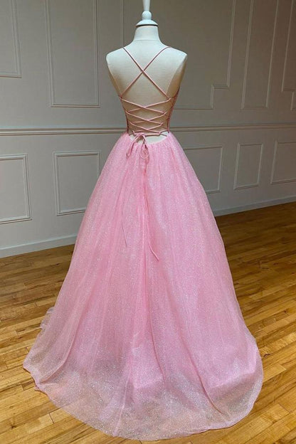 A Line V Neck Backless Pink Long Prom Dress Open Back Pink Formal Evening Dress