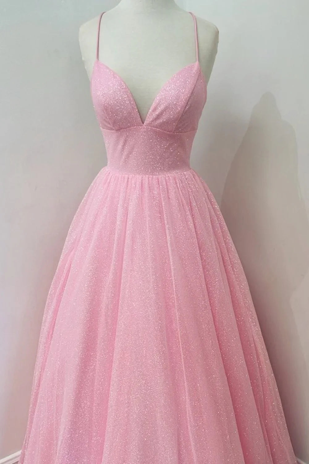 A Line V Neck Backless Pink Long Prom Dress Open Back Pink Formal Evening Dress