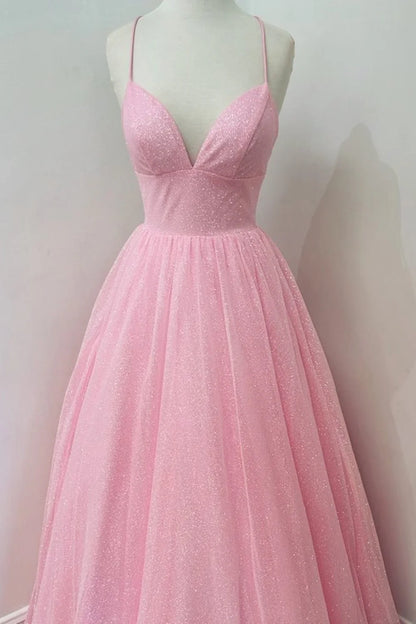 A Line V Neck Backless Pink Long Prom Dress Open Back Pink Formal Evening Dress