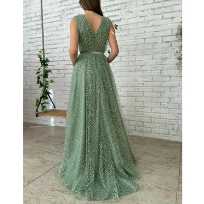 A Line V Neck Tulle Pleats Prom Dresses With Pockets