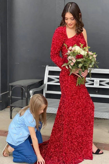 Shiny Mermaid One Long Sleeves Sequins Long Prom Dresses With Slit