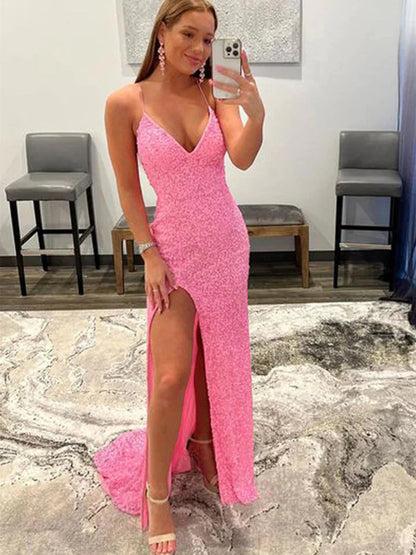 Mermaid V Neck Spaghetti Straps Pink Long Detachable Prom Dresses