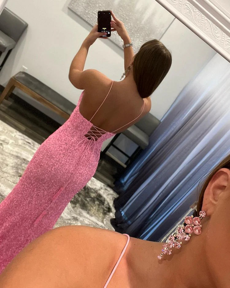 Mermaid V Neck Spaghetti Straps Pink Long Detachable Prom Dresses