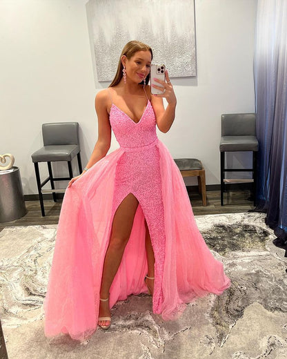 Mermaid V Neck Spaghetti Straps Pink Long Detachable Prom Dresses