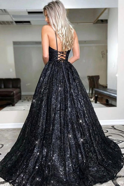 A Line V Neck Open Back Black Long Prom Dress