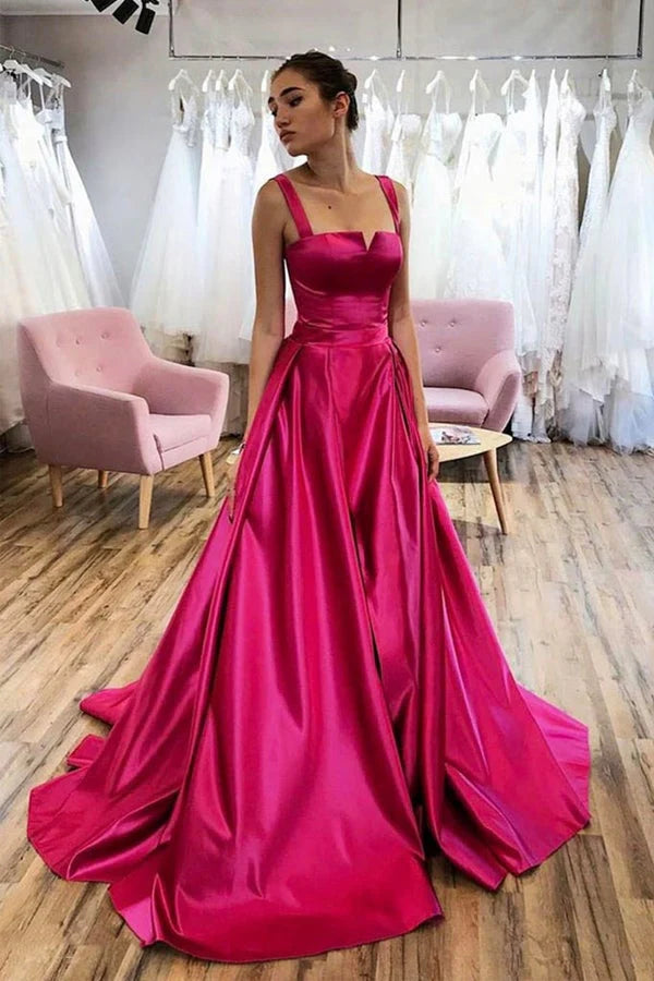 A Line Satin Straps Open Back Long Prom Dress Court Train Evening Dress
