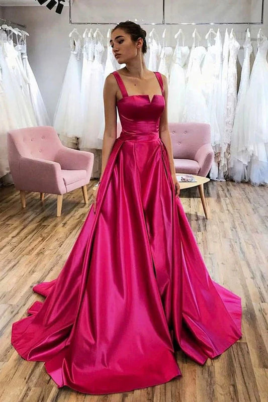 A Line Satin Straps Open Back Long Prom Dress Court Train Evening Dress