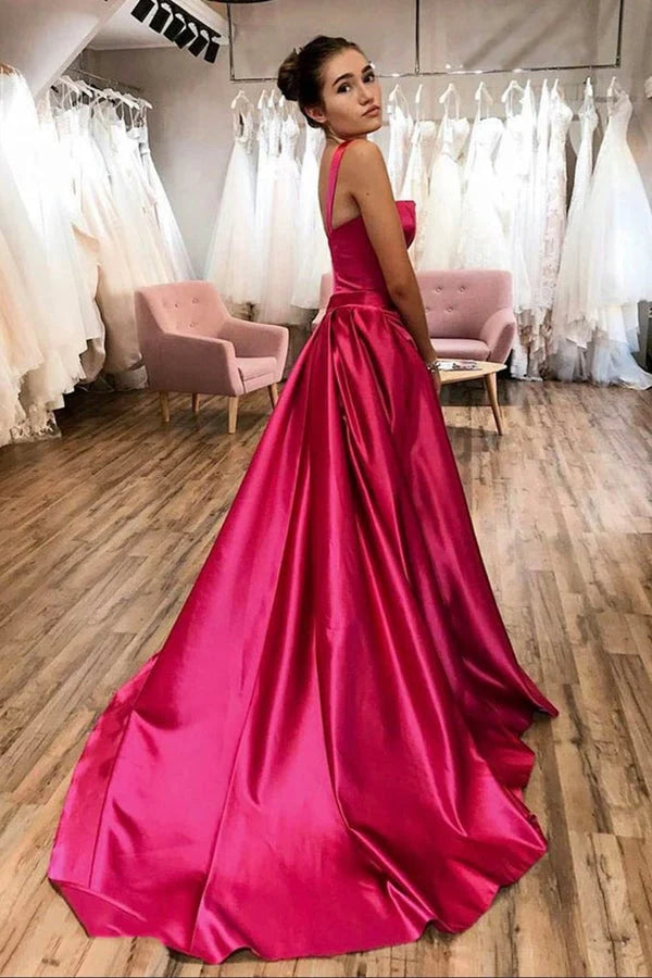 A Line Satin Straps Open Back Long Prom Dress Court Train Evening Dress