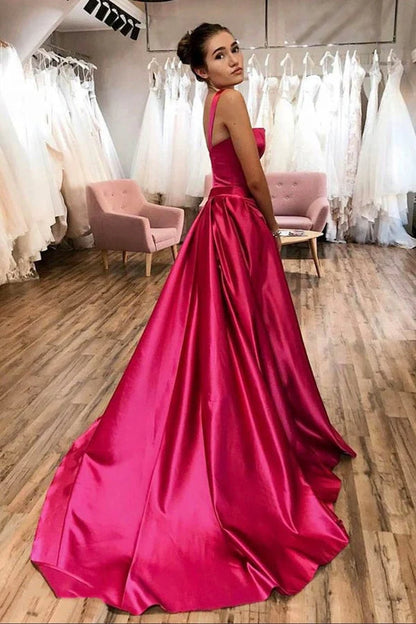 A Line Satin Straps Open Back Long Prom Dress Court Train Evening Dress