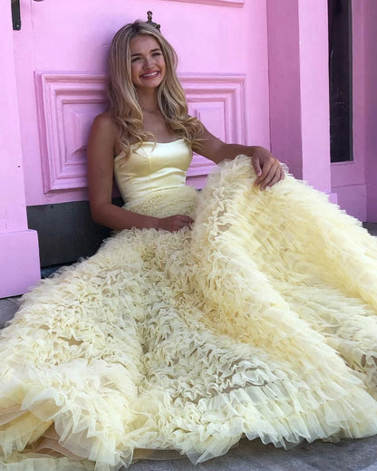 Simple A Line Strapless Tulle Layered Long Prom Dress For Teens Graduation Dress