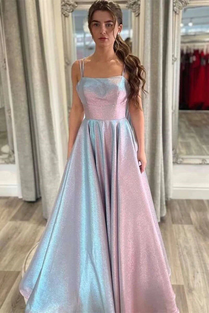 A Line V Neck Satin Open Back Long Prom Dresses Sexy Evening Dresses