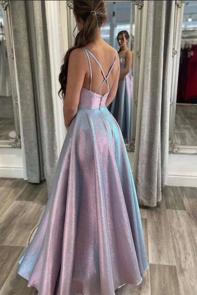 A Line V Neck Satin Open Back Long Prom Dresses Sexy Evening Dresses