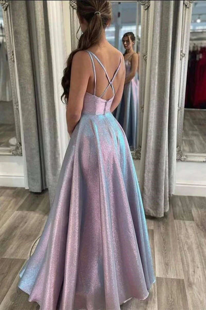 A Line V Neck Satin Open Back Long Prom Dresses Sexy Evening Dresses