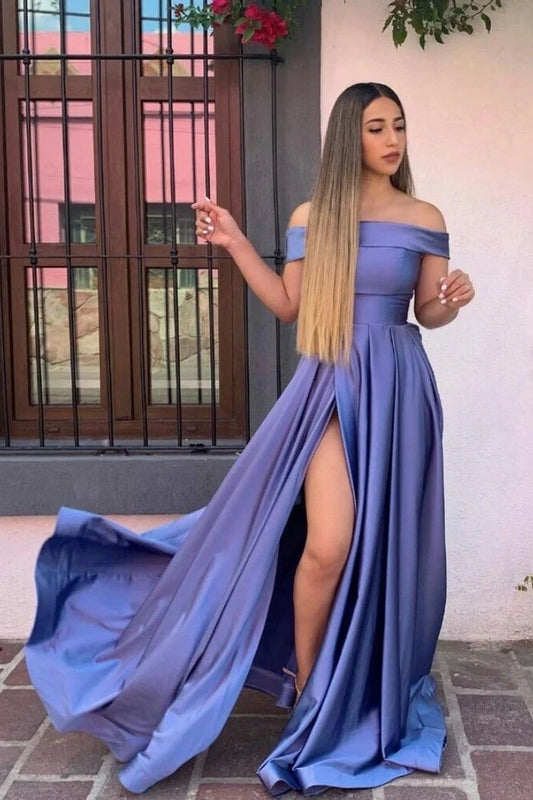 Simple Satin Off The Shoulder Front Split Floor Length Prom Dresses