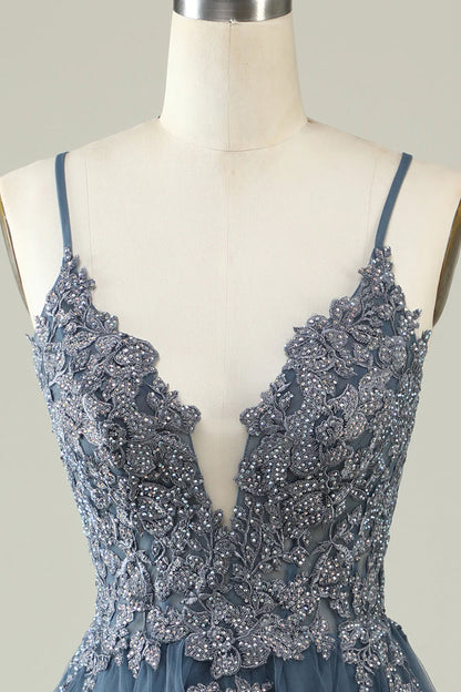Simple Spaghetti Straps Tulle Vintage Homecoming Dress with Lace Appliques